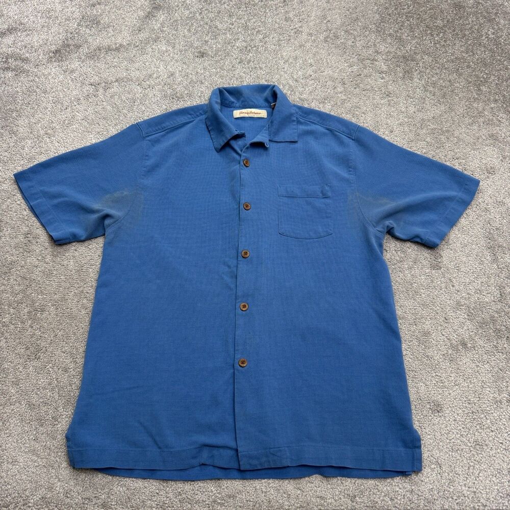 Tommy Bahama Silk Button Down Shirt Mens Medium Blue Short Sleeve Classic Resort